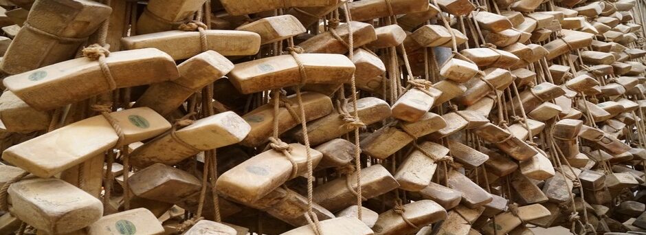 Forme di Ragusano DOP in stagionatura appese alle funi